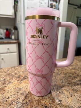 Stanley Pink LoveShackFancy Patterned Insulated Mug with Gold Accent